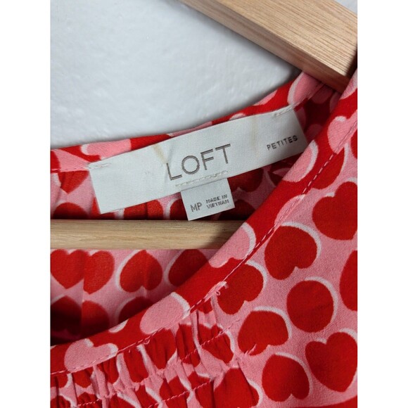 LOFT Blouse M Petite Red Pink Heart Print Long Sleeve Peasant Top Valentine's Mb - Picture 2 of 7